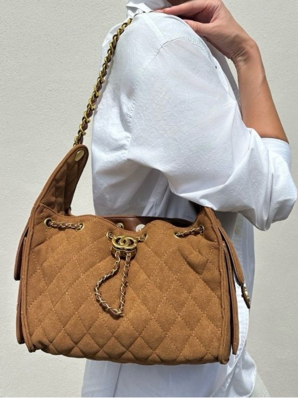 Adornia Brown Quilted Bag With Chain Strap and Side Pockets - Picture 15 of 16